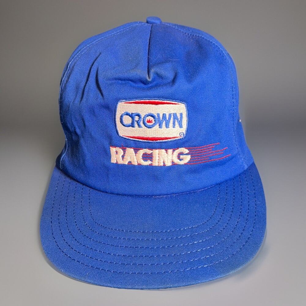 Vintage 1989 Crown Racing Blue Cotton Snapback Trucker Cap Hat USA CH23